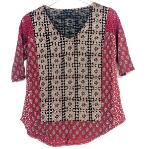 Lucky Brand Multi-Pattern Lace Sleeve Blouse Size S‎